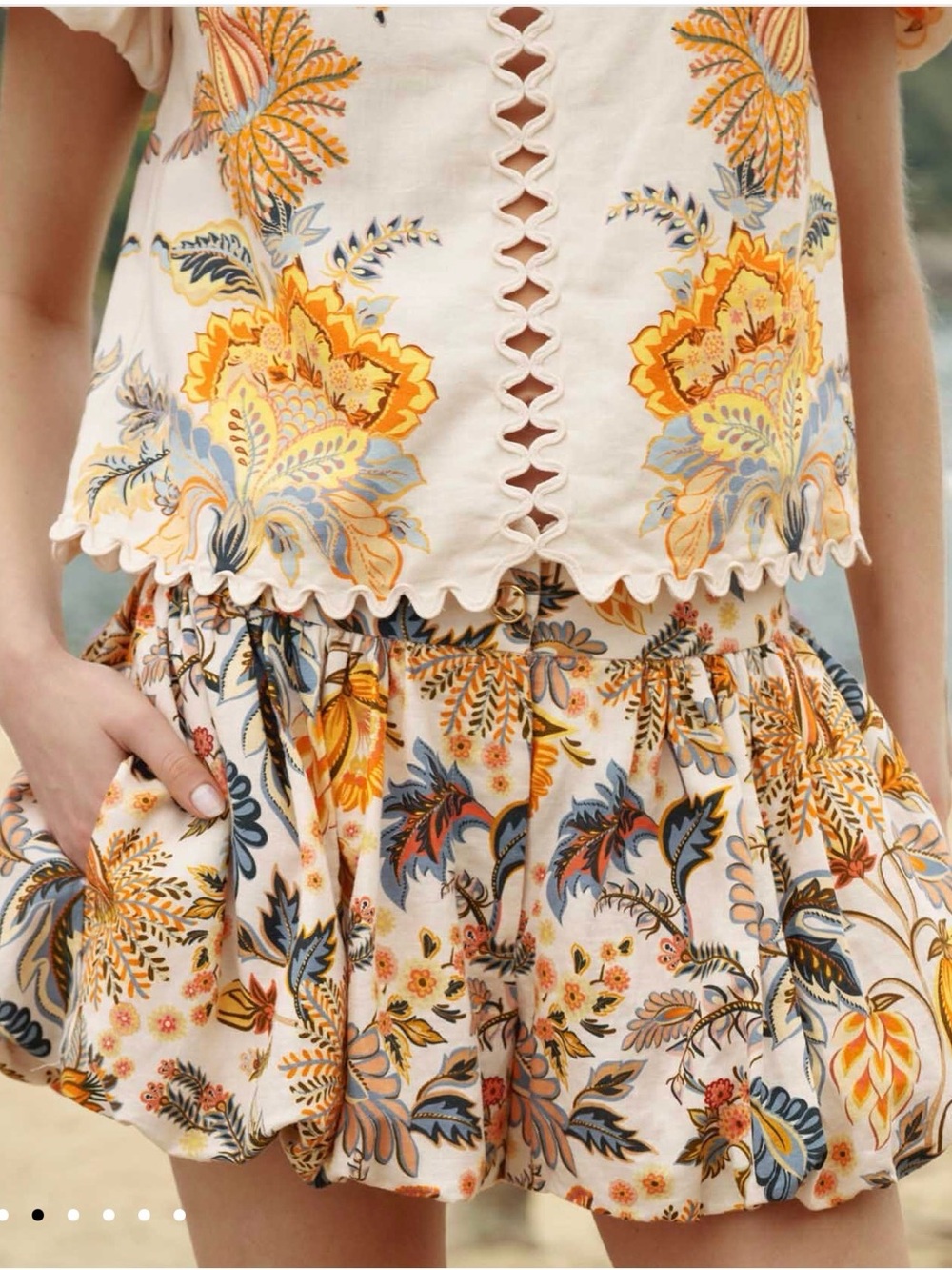 FARM Rio Cream Floral High-Waist Shorts with Yellow & Blue Motif